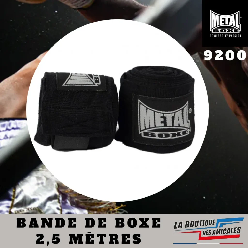 Bandes de boxe noires 2,5 mètres Metal Boxe pour maintien des mains et poignets en sports de combat