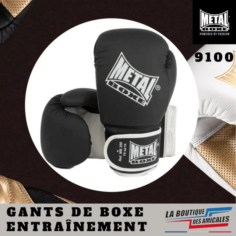 Gants de boxe entraînement noirs et blancs Metal Boxe avec fermeture velcro pour boxe anglaise et sports de combat