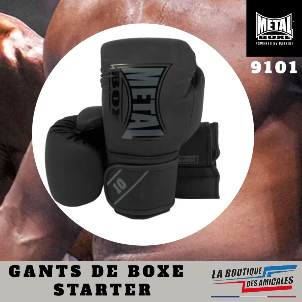 Gants de boxe Starter noirs Metal Boxe avec fermeture velcro pour entraînement boxe anglaise, MMA et kickboxing