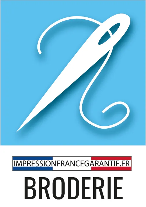 Icône représentant la broderie textile avec logo Impression France Garantie sur fond bleu.