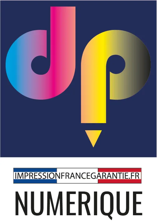 Icône représentant l’impression numérique avec logo Impression France Garantie sur fond bleu foncé.
