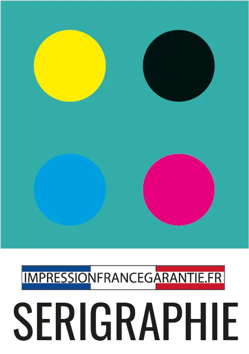 Icône représentant la sérigraphie avec couleurs CMJN et logo Impression France Garantie sur fond turquoise.