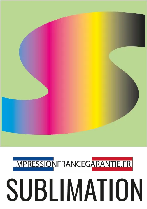 Icône représentant la sublimation avec dégradé CMJN et logo Impression France Garantie sur fond vert clair.