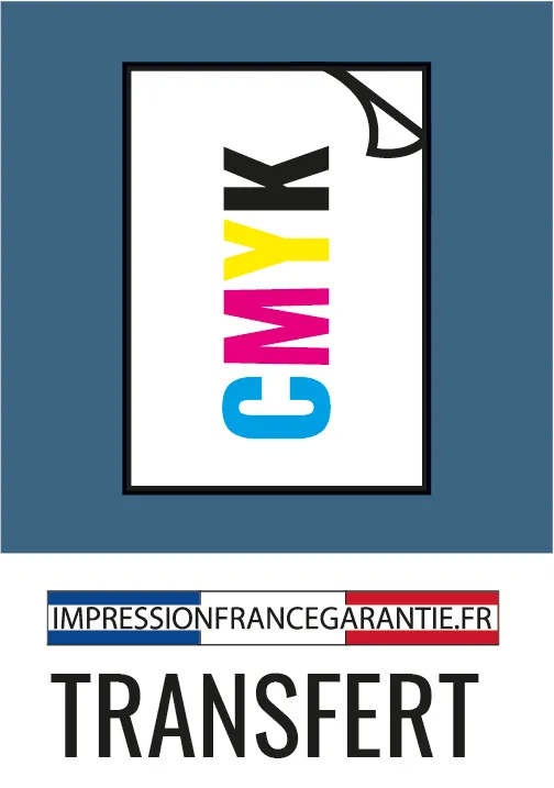 Icône représentant le transfert textile CMJN avec logo Impression France Garantie sur fond bleu.
