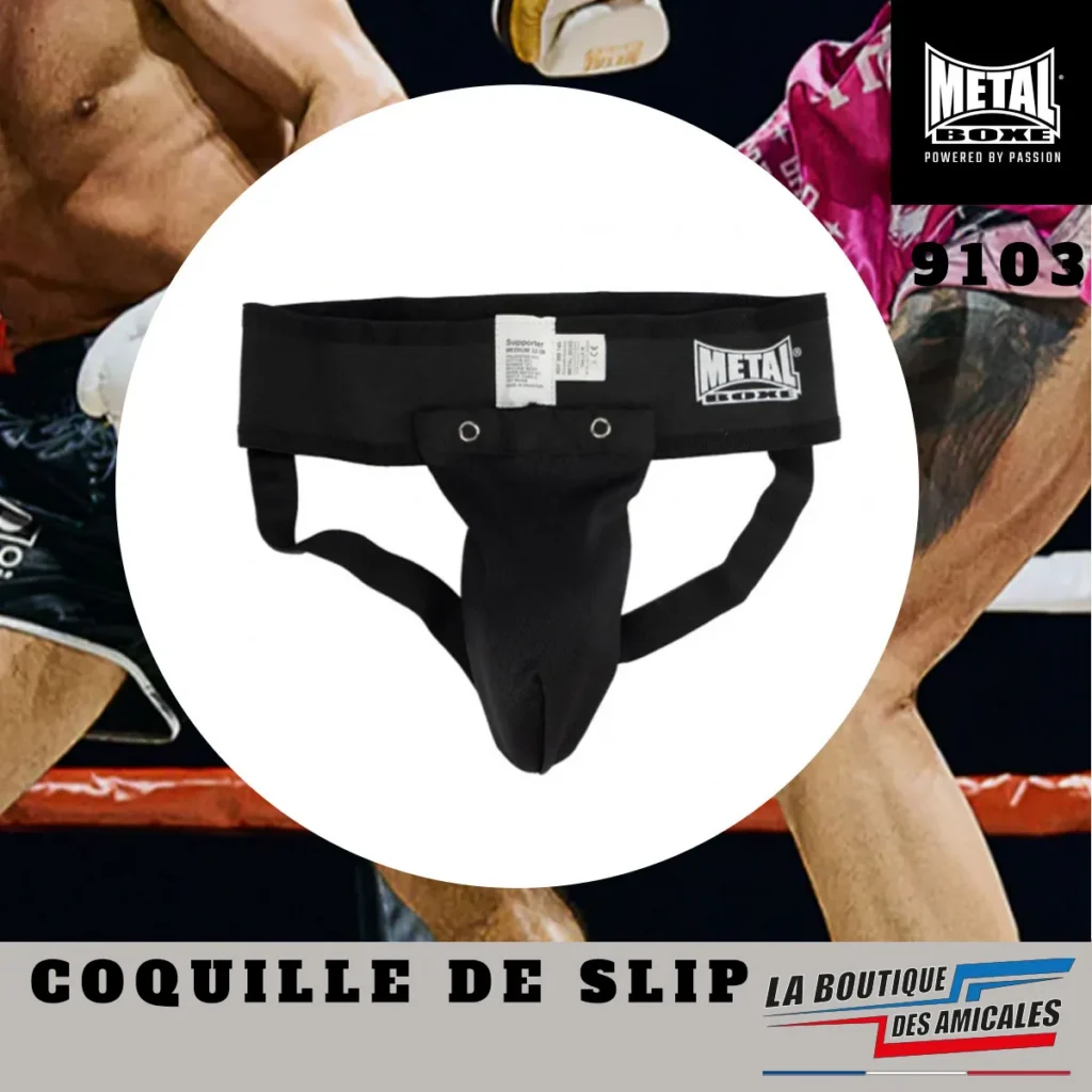 Coquille de slip noire Metal Boxe avec maintien élastique pour protection des parties génitales en boxe et sports de combat