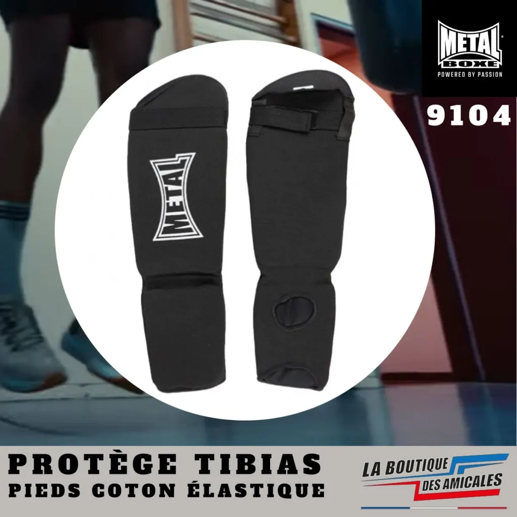 Protège tibias pieds coton élastique noir Metal Boxe avec mousse EVA pour entraînement MMA et sports de combat